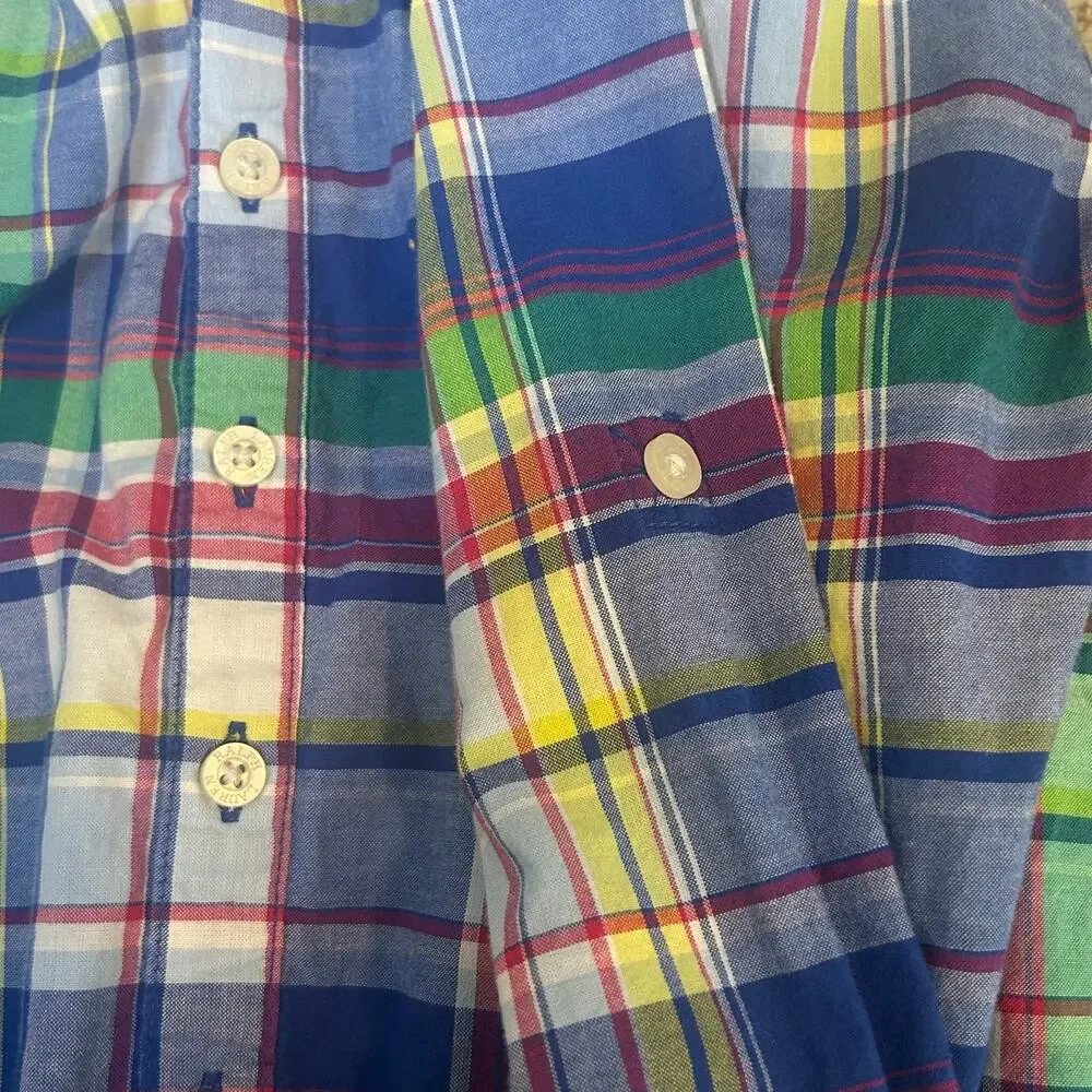 Ralph Lauren girls adjustable sleeve cotton blue plaid preppy smocked dress 16